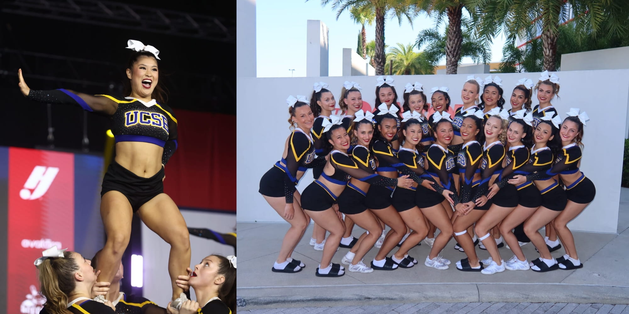 UCSB cheerleading team, left image shows woman posing, on right shows team photo