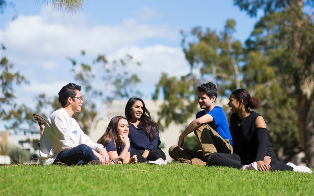 a group of students sitting on the grass.